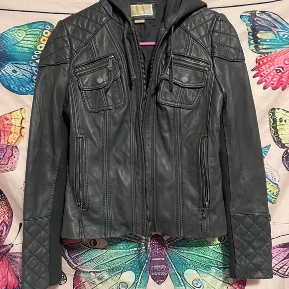 Michael Kors Dark Gray Quilted Leather Jacket with Hood